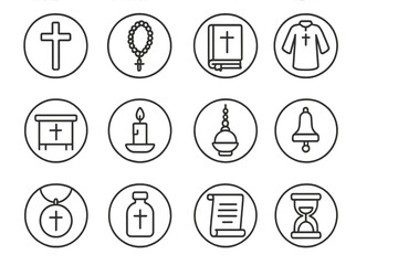 Religious Item Icons. Line style round icons of religious items: crucifix, beads, prayer book, robe; altar, candle, incense holder