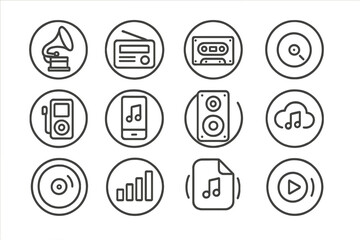 Sound Technology Evolution Icons. Line style round icons of sound technology evolution: gramophone, radio, cassette, CD; mp3