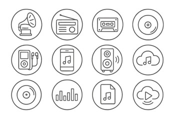 Sound Technology Evolution Icons. Line style round icons of sound technology evolution: gramophone, radio, cassette, CD; mp3
