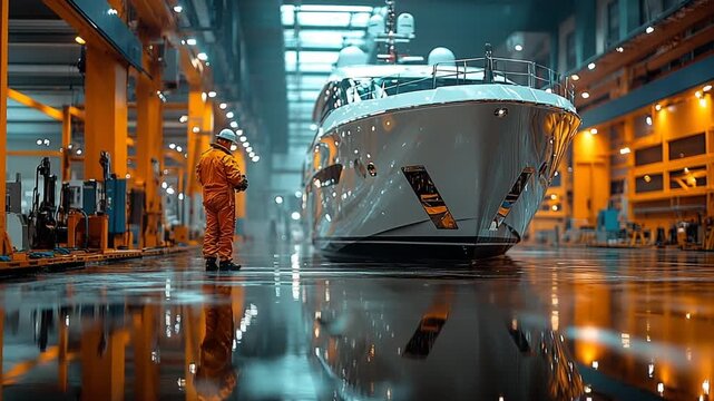 Final Assembly of a Modern Yacht in a Shipyard Hangar.