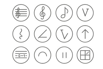 Musical Notation Icons. Line style round icons of musical notation: staff, treble clef, eighth note, rest; slide, chord symbol,