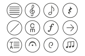 Musical Notation Icons. Line style round icons of musical notation: staff, treble clef, eighth note, rest; slide, chord symbol,