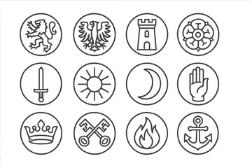 Historic Emblem Icons. Line style round icons of historic emblems: lion rampant, eagle displayed, tower, rose; sword upright,