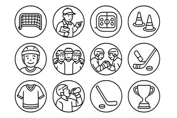 Fototapeta premium Youth Hockey Icons. Line style round icons of youth hockey: small net, coach, cones, half rink; smile, team huddle, tap gloves,