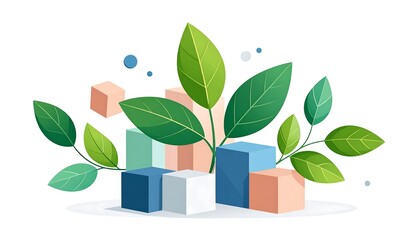 A stylized illustration shows colorful cubes surrounded by vibrant green leaves and some light blue dots on a white background