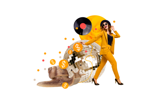 Trend artwork composite sketch image photo collage of young woman dance walk huge disco ball discotheque party vinyl record fashion style