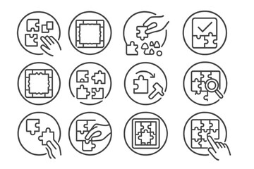 Fototapeta premium Puzzle Strategy Icons. Line style round icons of puzzle strategies: sorting colors, edges first, grouping shapes, checking box