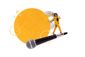 Trend artwork composite sketch image photo collage of young woman author walk huge microphone sing song disco ball discotheque party