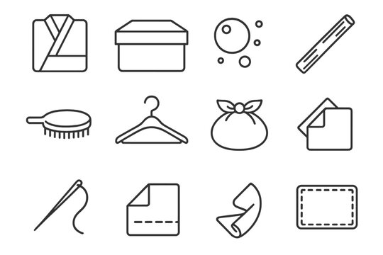 Kimono Care Icons. Line style round icons of kimono folding and care: folding line, storage box, mothball, cedar stick; fabric
