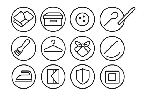 Kimono Care Icons. Line style round icons of kimono folding and care: folding line, storage box, mothball, cedar stick; fabric