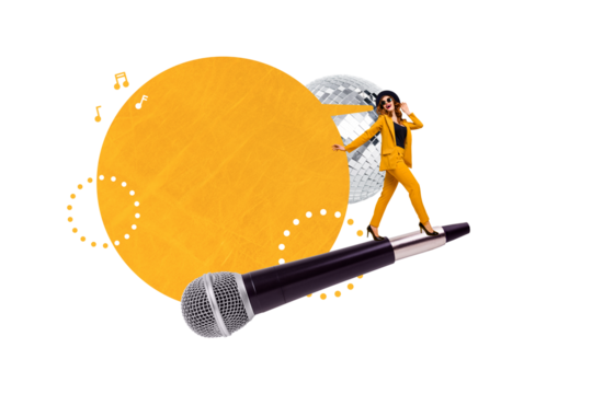 Trend artwork composite sketch image photo collage of young woman author walk huge microphone sing song disco ball discotheque party - Powered by Adobe