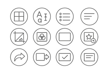 Obraz premium Slide Design Icons. Line style round icons of slide design: layout grid, font size, bullet point, alignment bar; image crop, color
