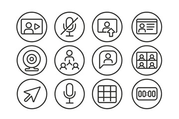 Online Presentation Icons. Line style round icons of online presentations: video window, mute button, screen share, slide deck;