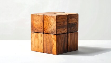 A two-tiered, square wooden object is centered on a white surface with a light-colored backdrop. The wood's grain is visible