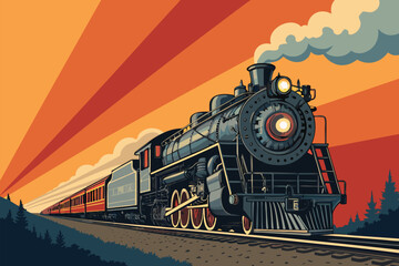 A vintage steam train travels through a dramatic sunset with stylized rays.