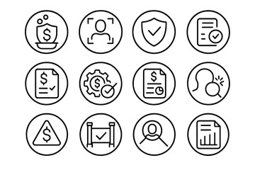 Financial Compliance Icons. Line style round icons of financial compliance: AML icon, KYC process, regulatory badge, audit chart;