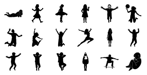 Naklejka premium Diverse children silhouettes in various poses playing