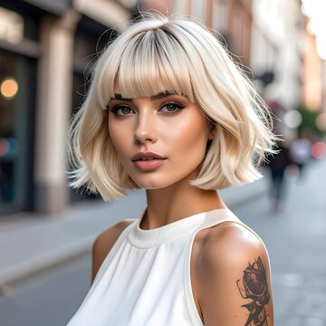 Woman with blonde bob and street backdrop