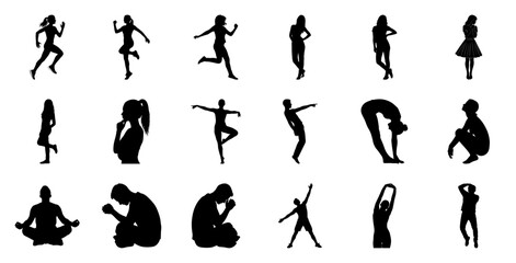 Diverse figures in motion and repose silhouette people
