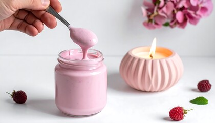 Pink yogurt in a jar, spoon, candle, and raspberries