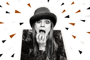 Collage picture poster of shocked crazy terrified woman wow news open mouth isolated on drawing color background