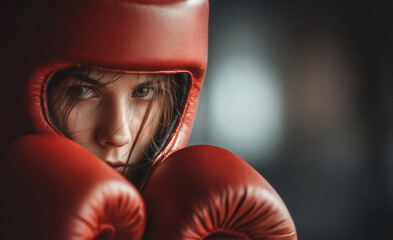 Intense gaze of a strong woman boxer training hard with red gloves and headgear in the gym