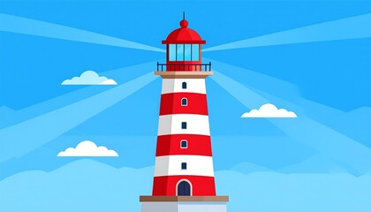 Cartoon illustration of a lighthouse with a red top and white body, emitting light rays