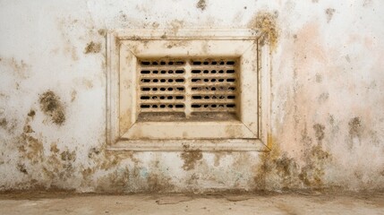 Fototapeta premium Close-Up View of a Dirty and Moldy Wall Vent with Dust Accumulation in an Abandoned Room, Highlighting Neglect and Deterioration in Interior Spaces