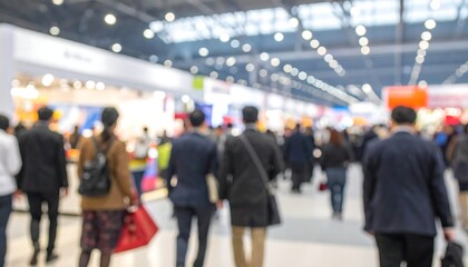 Blurred photo of a large trade show hall with diverse attendees and booths