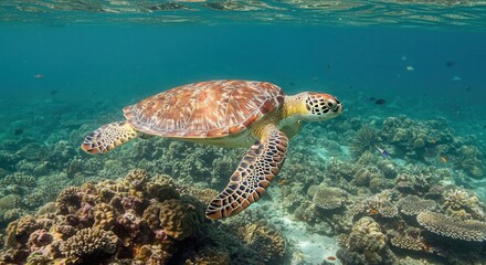 Fototapeta premium Sea turtle swims gracefully over a vibrant coral reef in clear ocean water.