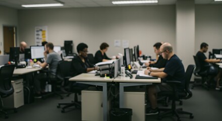 Blurred shot of diverse office workers at desks in a modern, open-plan workspace