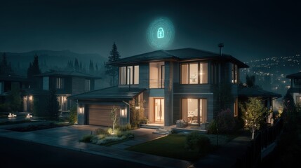 Modern Smart Home at Night with Digital Lock Icon Representing Home Security and Advanced Technology Features in a Suburban Neighborhood