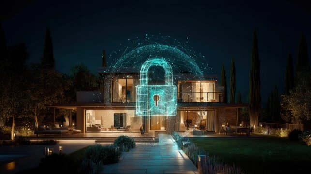 Modern house at night with a digital security lock overlay symbolizing home protection and cybersecurity in a serene garden with bright lights.
