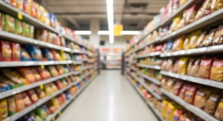 Fototapeta premium Blurred supermarket aisle view showcasing shelves packed with packaged food items