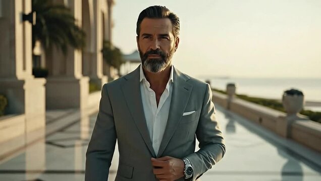 A confident man in a grey suit stands outside a luxury building. The man gazes at the camera