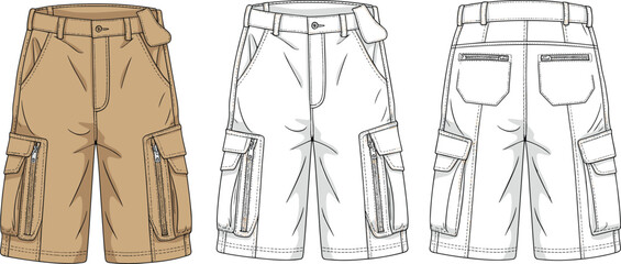 Cargo shorts fashion illustration, technical flat sketch, men’s apparel design, garment template, clothing mockup, pocket detail, vector style drawing"