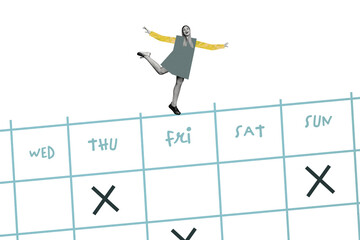 Creative trend collage of young lady have fun weekend calendar planning working process manager template metaphor psychedelic pinup