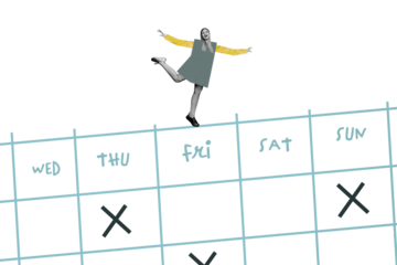 Creative trend collage of young lady have fun weekend calendar planning working process manager template metaphor psychedelic pinup