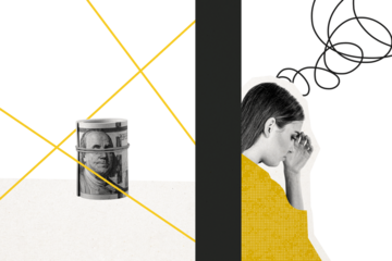 Composite trend artwork sketch image photo collage of young lady half sad face headache tired think line s lose money profit roll dollar