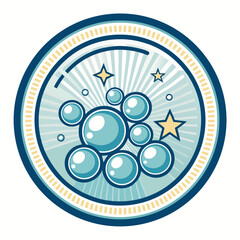 Circular logo featuring bubbles, stars, and radiating lines with a decorative border.