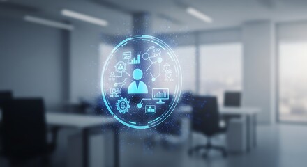 Social media icons over a blurred modern office interior view