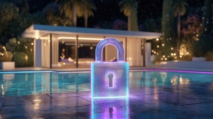 Futuristic Digital Lock with Neon Glow Near Swimming Pool Under Starry Night in Modern Luxury Home Environment
