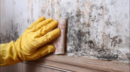 Person Cleaning Mold from Wall with Yellow Glove and Scrubbing Brush in Home Environment, Focus on Mold Removal and Maintenance