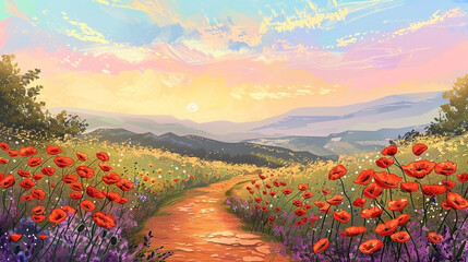 Captivating artwork depicting a serene mountain valley adorned with vibrant poppies