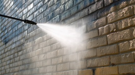 High-Pressure Water Cleaning on Textured Brick Wall for Effective Stain Removal in Home Maintenance and Exterior Facade Care