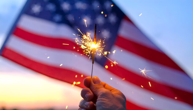 Festive sparkler light with blurred USA flag background, ideal for Independence Day, Memorial Day, or celebration.