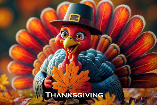 Thanksgiving Card Cute Turkey on Autumn Background Orange Pumpkins and Yellow Leaves AI Generative