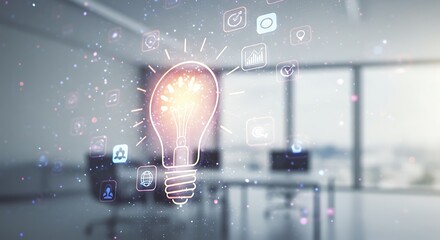 Light bulb sketch with media icons in modern office interior