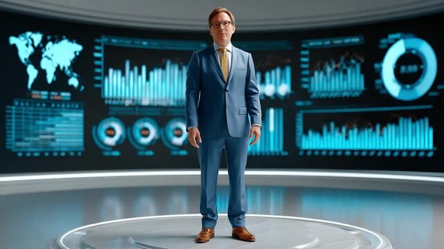 Confident Leader Amidst Data: A sharply dressed man, representing an astute professional, confidently stands before a dynamic digital display filled with complex data visualizations.