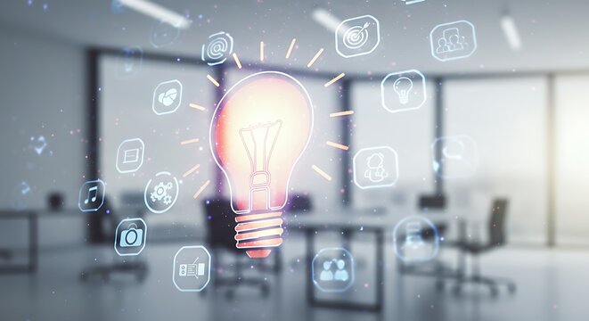 Creative light bulb sketch with social media icons in office